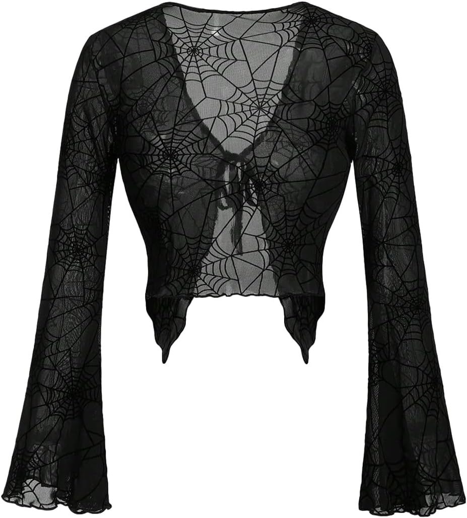 SweatyRocks Women's Lace Gothic Tops Tie Front Bell Sleeve See Through Tee Shirt Y2K V Neck Mesh Sheer Crop Party Top