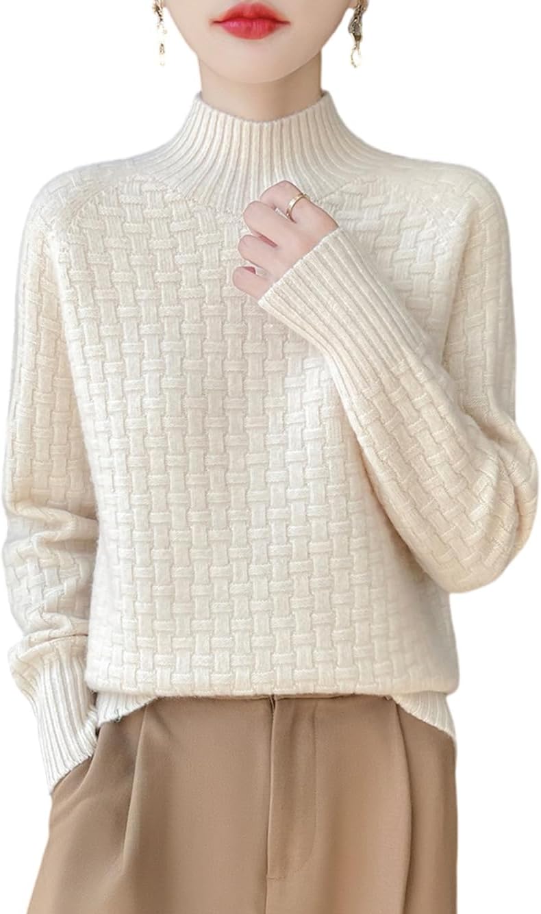 100% Merino Wool Sweaters for Women's Fall Winter Knitted Thick Pullover Long Sleeves Loose Warm Turtleneck(WQ703)