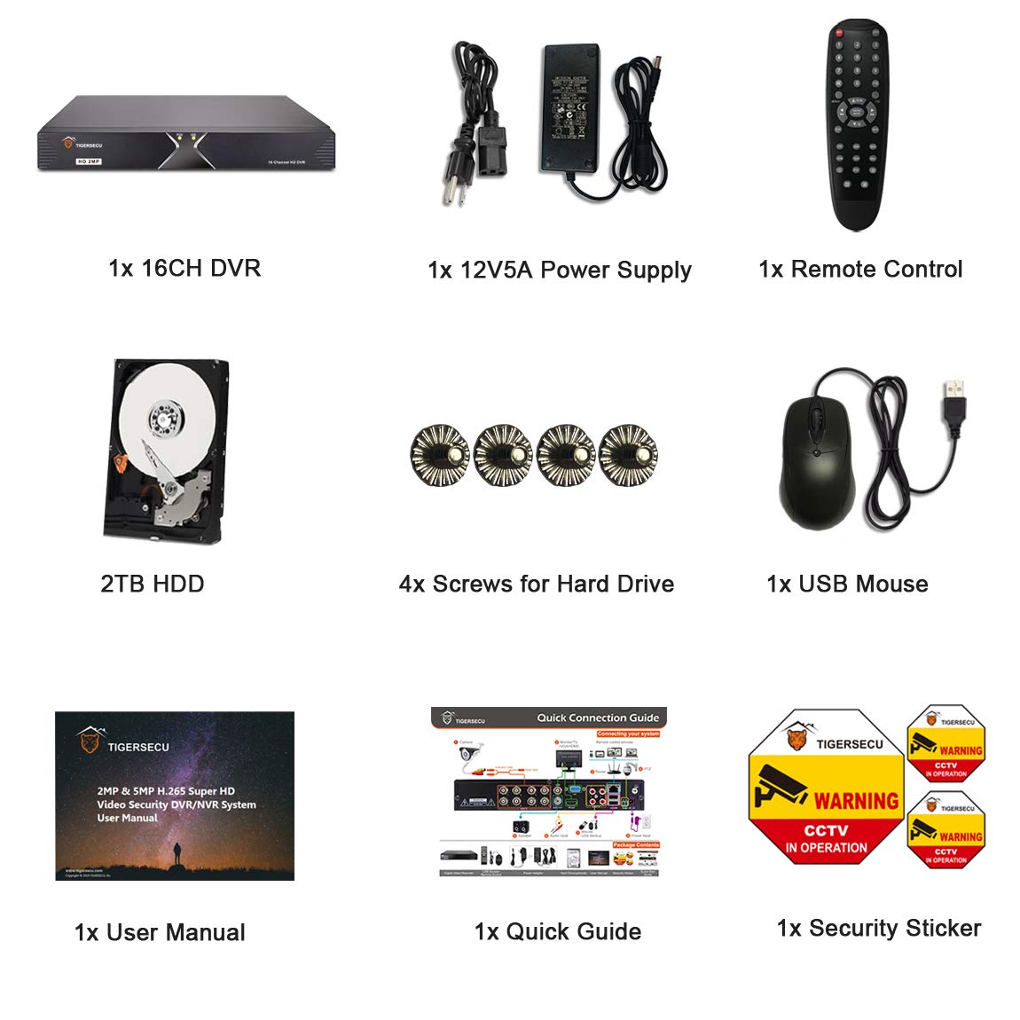 TIGERSECU Super HD 1080P 16-kanałowy rejestrator bezpieczeństwa DVR z napędem twardym 2TB, hybrydowy nagrywarka CCTV 6 w 1 kompatybilny z kamerami 2MP i 5MP TVI, AHD, CVI, analogowym, RS485 PTZ i IP
