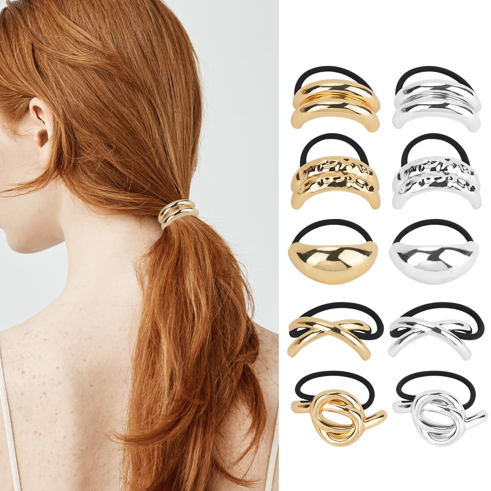 SITAKEGS Metal Hair Ties, 10Pcs Gold Siliver Ponytail Hair Cuff Elastic Hair Ties, Hair Cuff Wrap Metal Ponytail Holder