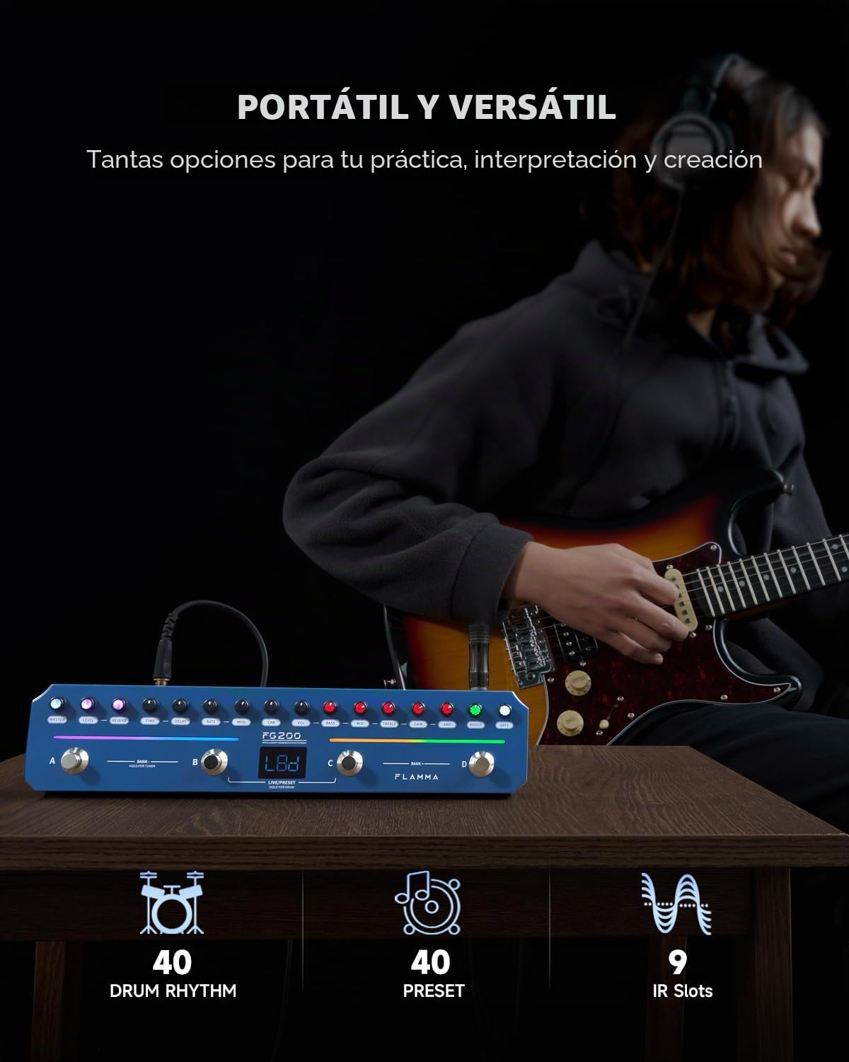 FLAMMA FG200 Pedal de guitarra inteligente multiefectos con 52 modelos, 5 BOOST, 16 CAB, 7 efectos, 9 IR, 40 preajustes y 40 ritmos