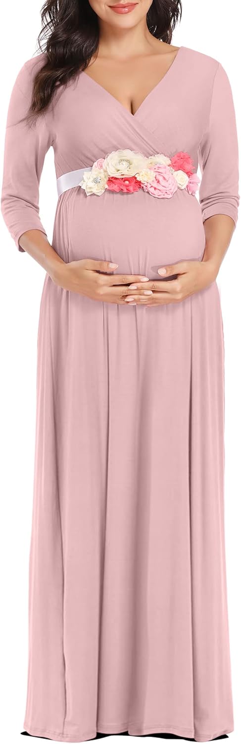 Kim S Vestido largo de maternidad con banda de flores S-3XL vestido de fiesta baby shower con cuello en V fruncido