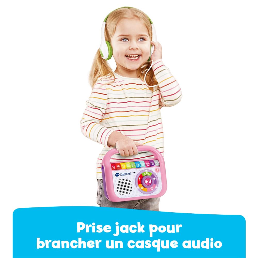 VTech - Music'Kid Rose, Baladeur Musical Enfant, Enceinte Bluetooth Lumineuse avec Comptines, Chansons Éducatives et Relaxantes, Enregistreur Vocal, Cadeau Enfant Dès 2 Ans - Contenu en Français