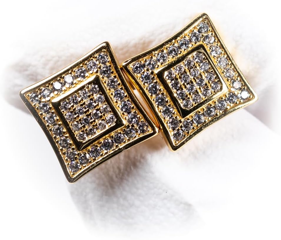Men’s Square Yellow Gold Plated 925 Sterling Silver Screw Back Post Hypoallergenic Micro Pave 3D Iced 5A Cz Hip Hop Stud Earrings For Men Women Jewelry Gifts