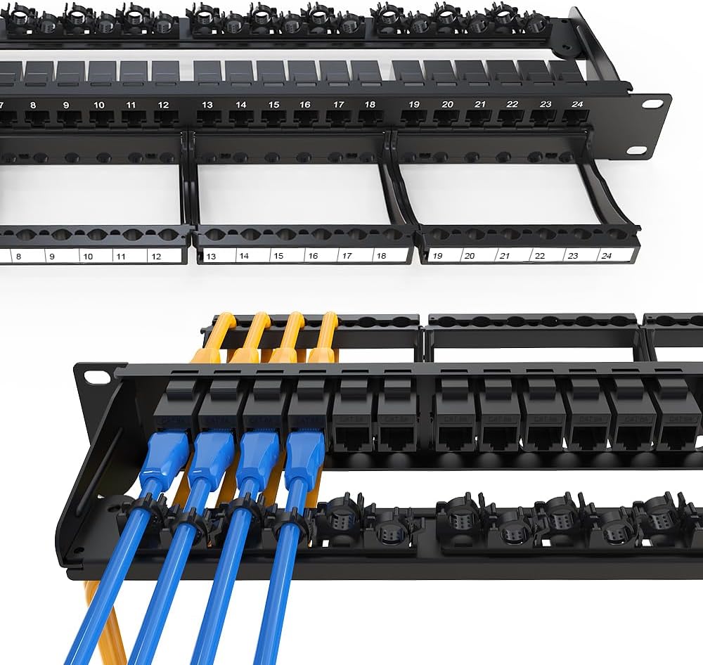 24 Port Patch Panel RJ45 Patch Panel CAT6a Keystone UTP with Smart Cable Management for 19 inch Rack Mount