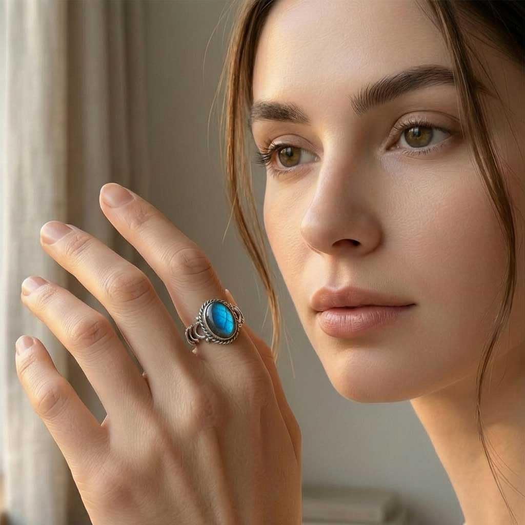 JEWELOPORIUM Boho Handmade Jewelry Natural Gemstone Tiger Eye, Turquoise, Moonstone, Carnelian Oval 925 Sterling Silver Overlay Ring For Women