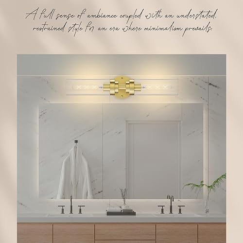 Miniatura 8 de Lámparas doradas para tocador de baño, iluminación de pared de 2 luces con vidrio transparente, apliques de pared de 21.5 pulgadas para espejo, sala