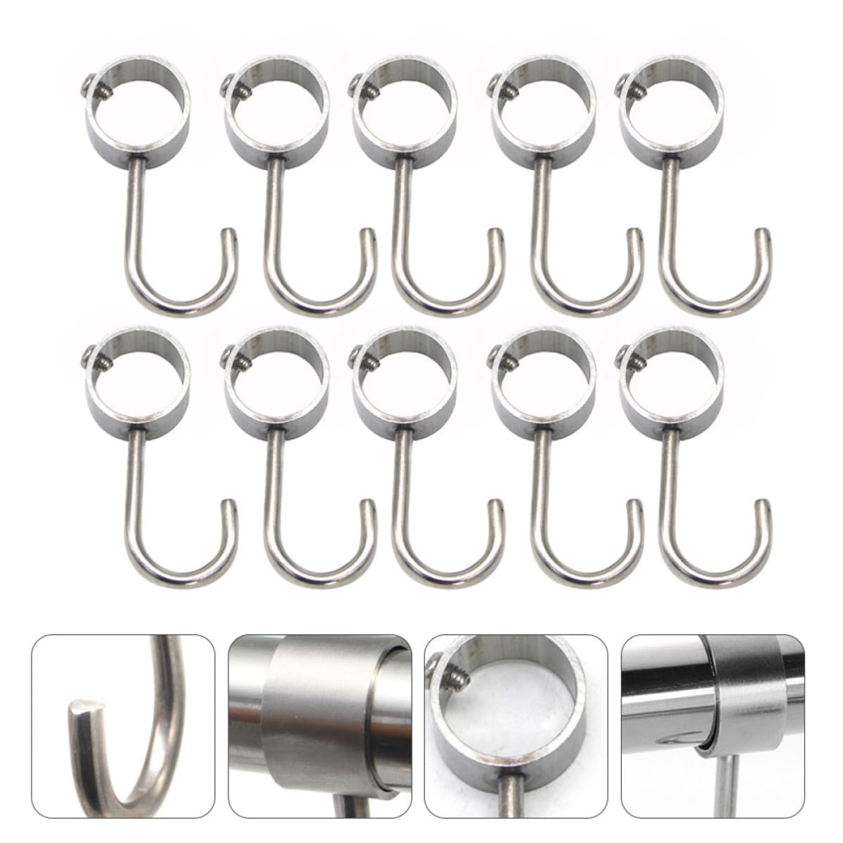 Crochets Tubulaires Légers et Réglables en Acier Inoxydable Lot de 10 Argenté pour Tringle à Rideaux et Rangement Pratique à Domicile