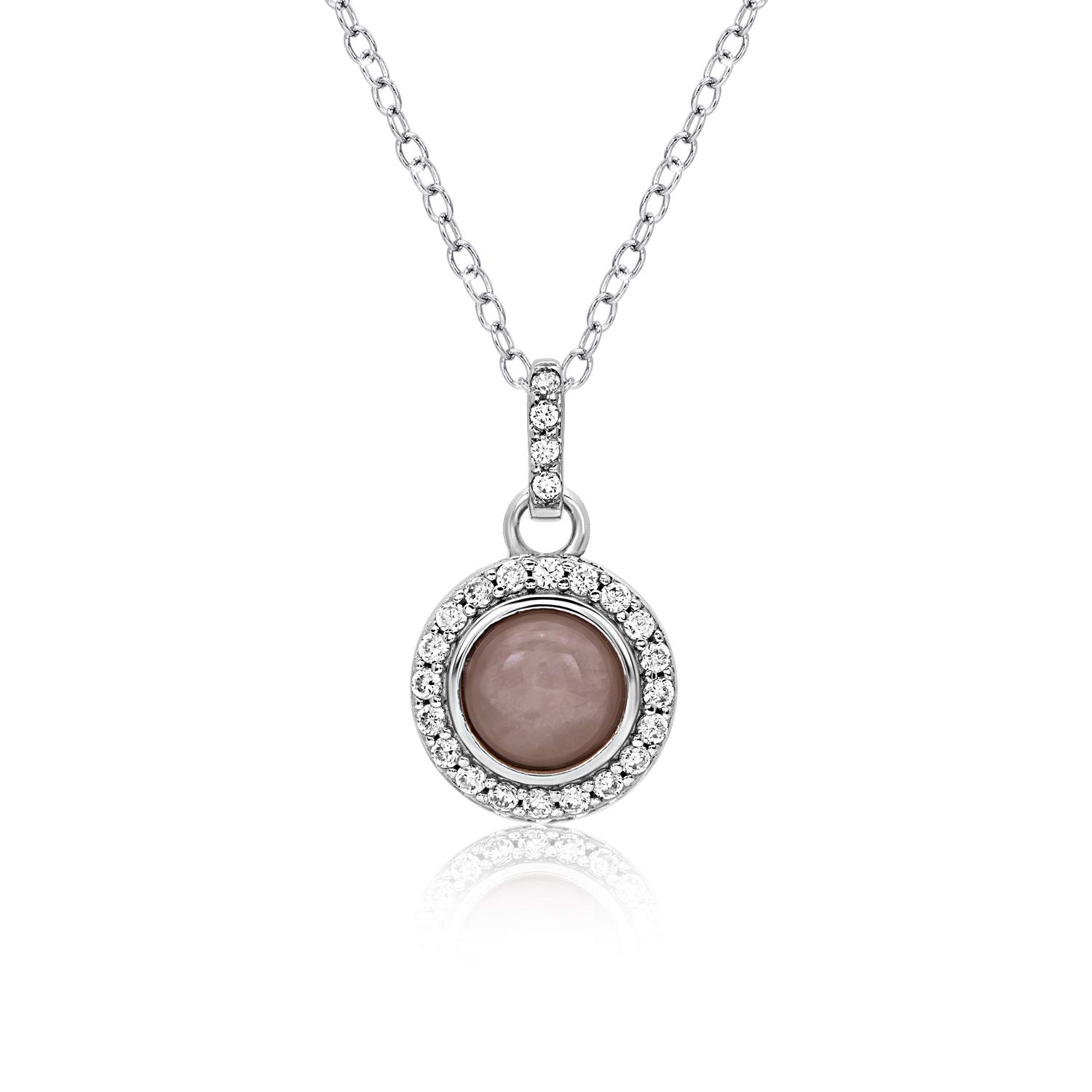 BLING BIJOUX JewelryNatural Round Rose Quartz Gemstone Halo Pendant Necklace Never Rust 925 Sterling Silver, Natural & Hypoallergenic For Women & Girls