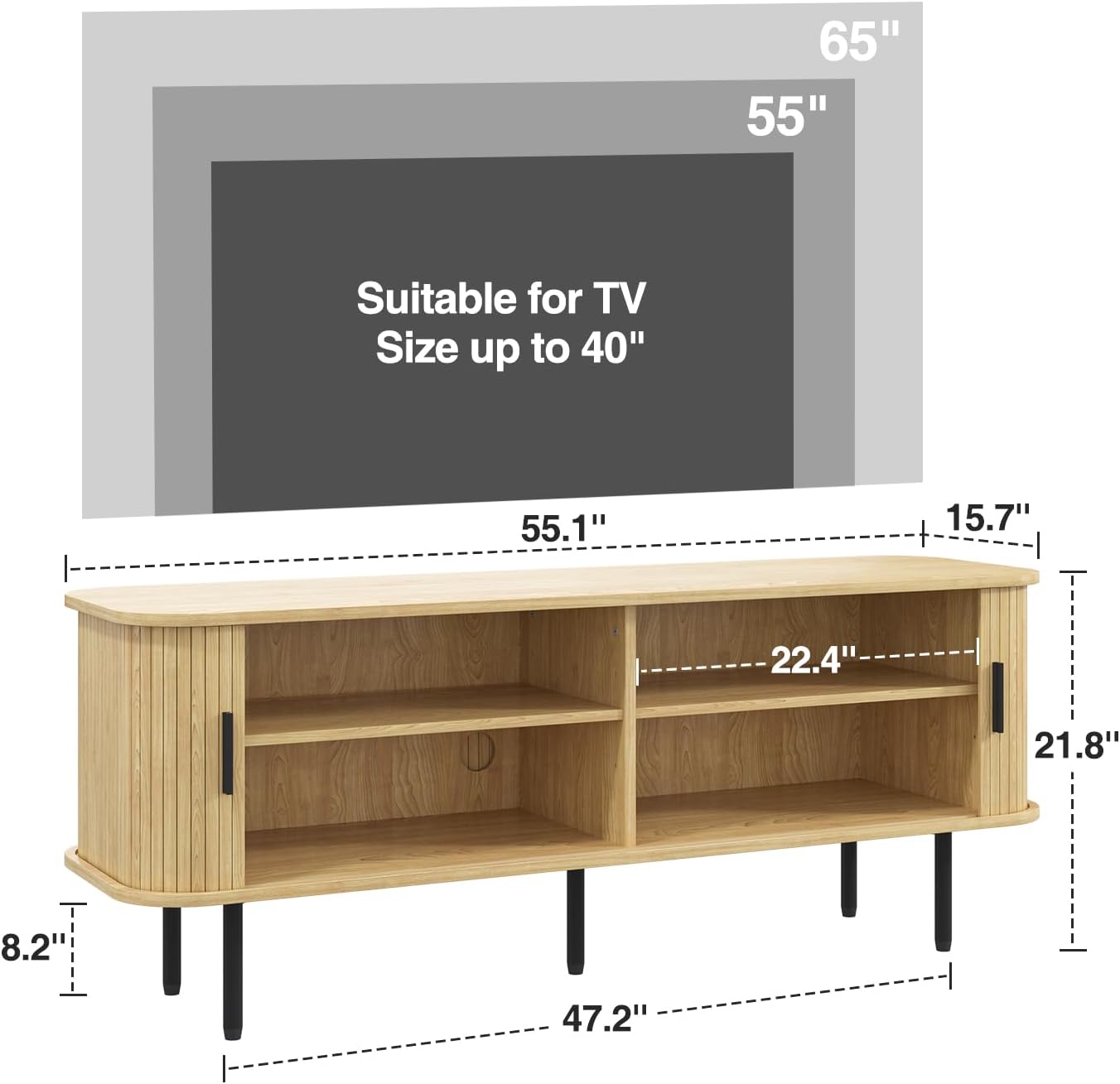 Diagram showing the dimensions of the 55-inch Natural Fluted TV Stand, including width, depth, and height.
