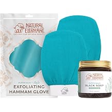 Natural Elephant Moroccan Black Soap 200g 7oz and 2 Pack Exfoliating Hammam Glove Combo Teal Waves