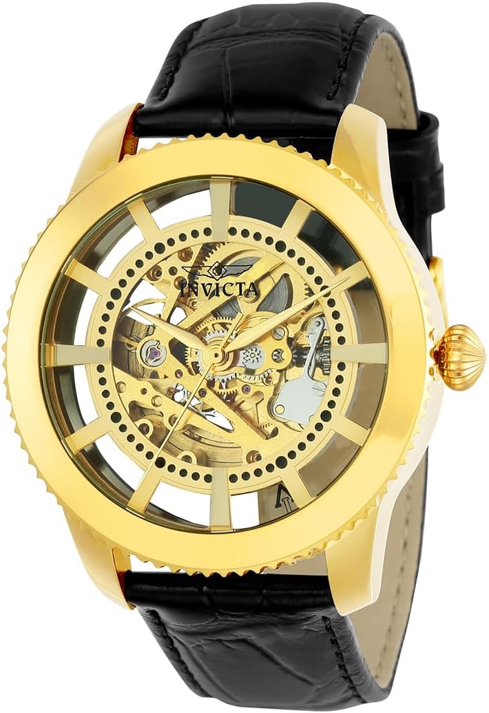 Invicta Men's 'Vintage' Automatic Stainless Steel and Leather Casual Watch, Color:Black/Gold Gold/Gold (Model: 22571, 22575)