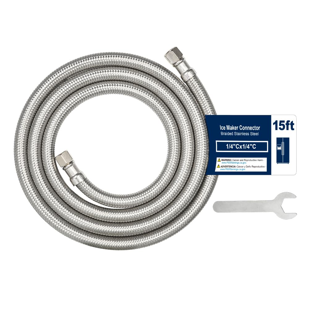 Tuyau machine à glaçons 4,6m en inox tressé avec raccords compression 1/4" anti-éclatement
