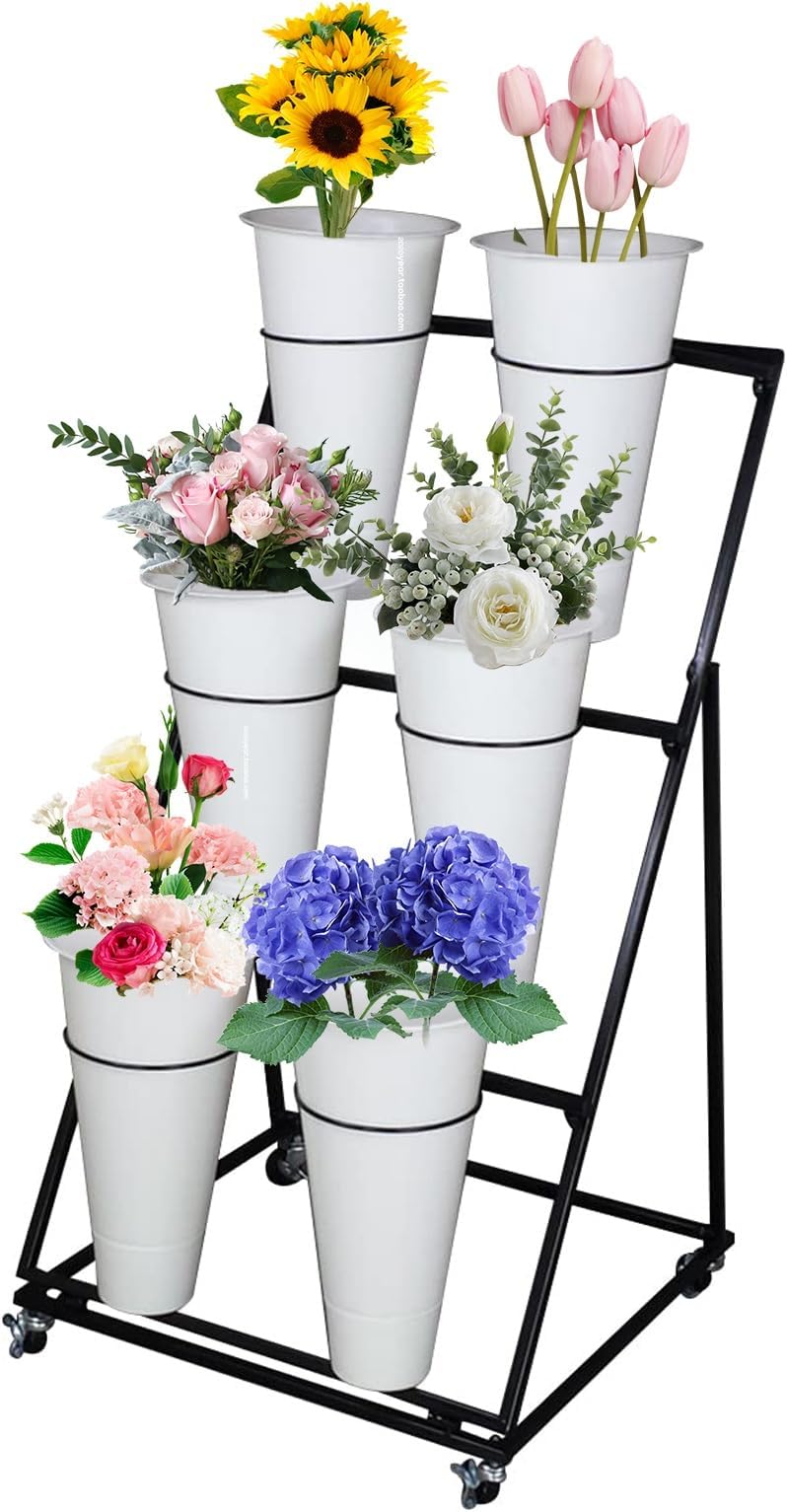 Flower Display Stand, Metal Plant Stand with Buckets, Heavy Duty Moving Plant Cart Shelf, for Patio Garden, Living Room, Florist ( Color : White Bucket , Size : 3Tier 6 Bucket )