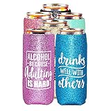 2 Pack- 12 oz Slim Glitter Insulated Can Cooler, Skinny Can Holder Sleeve for Hard Seltzers, Slim...
