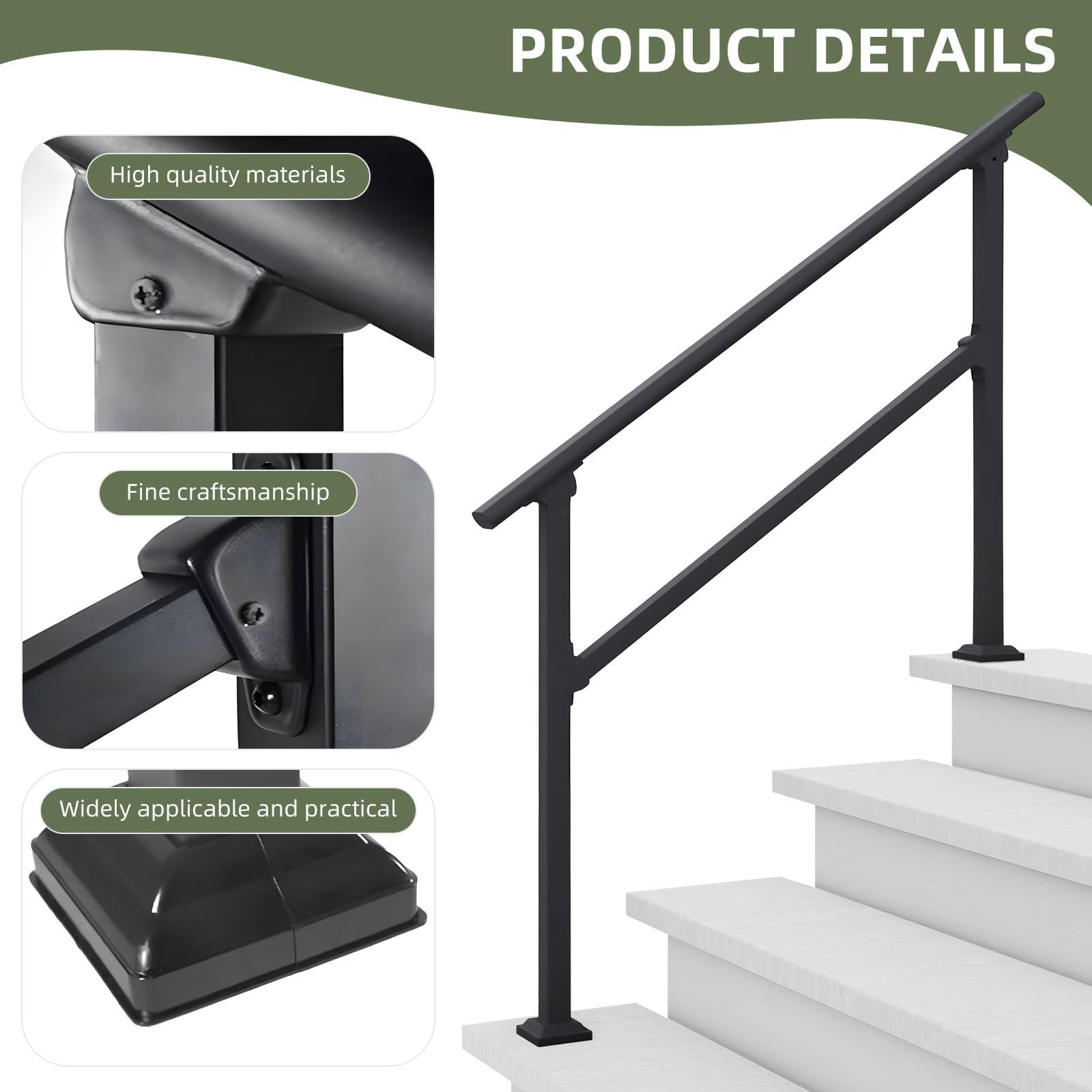 RUN.SE Adjustable Handrail For 4 Steps – 0-30° Angle, 400lb Capacity, Outdoor/Indoor, Carbon Steel With Rust-Resistant Coating, Installation Kit Included