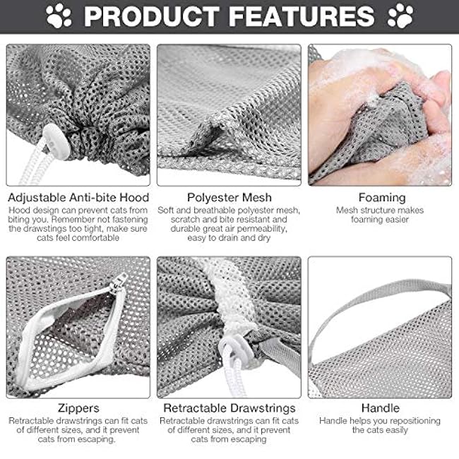 Cat Shower Net Bag Grooming Bathing Adjustable Washing Bag Multifunctional Cat Restraint Accessories Prevent Biting Scratching, Nail Trimming, Ears Clean, Keeping Calm(Grey)-Y8BZDzQF