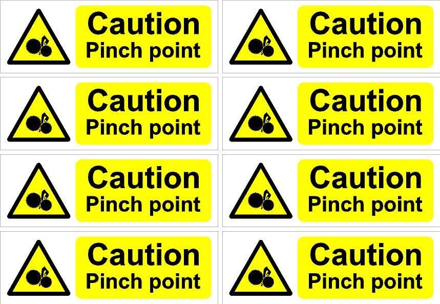 Caution pinch point safety sign - 150x50mm pack of 8 stickers on A4 sheet