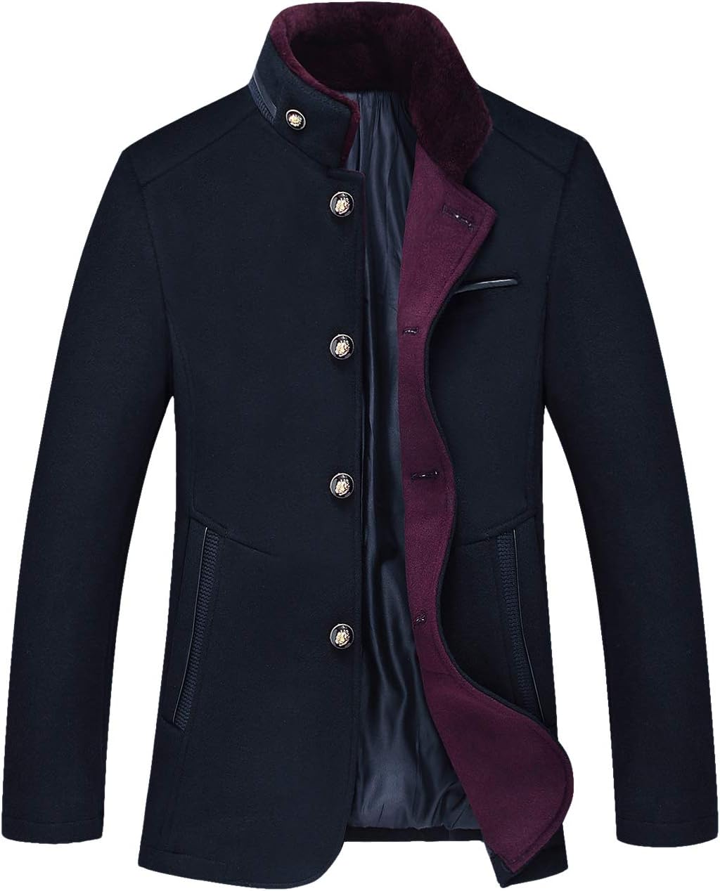 chouyatou Men's Gentle Band Collar Single Breasted Wool Blend Pea Coat