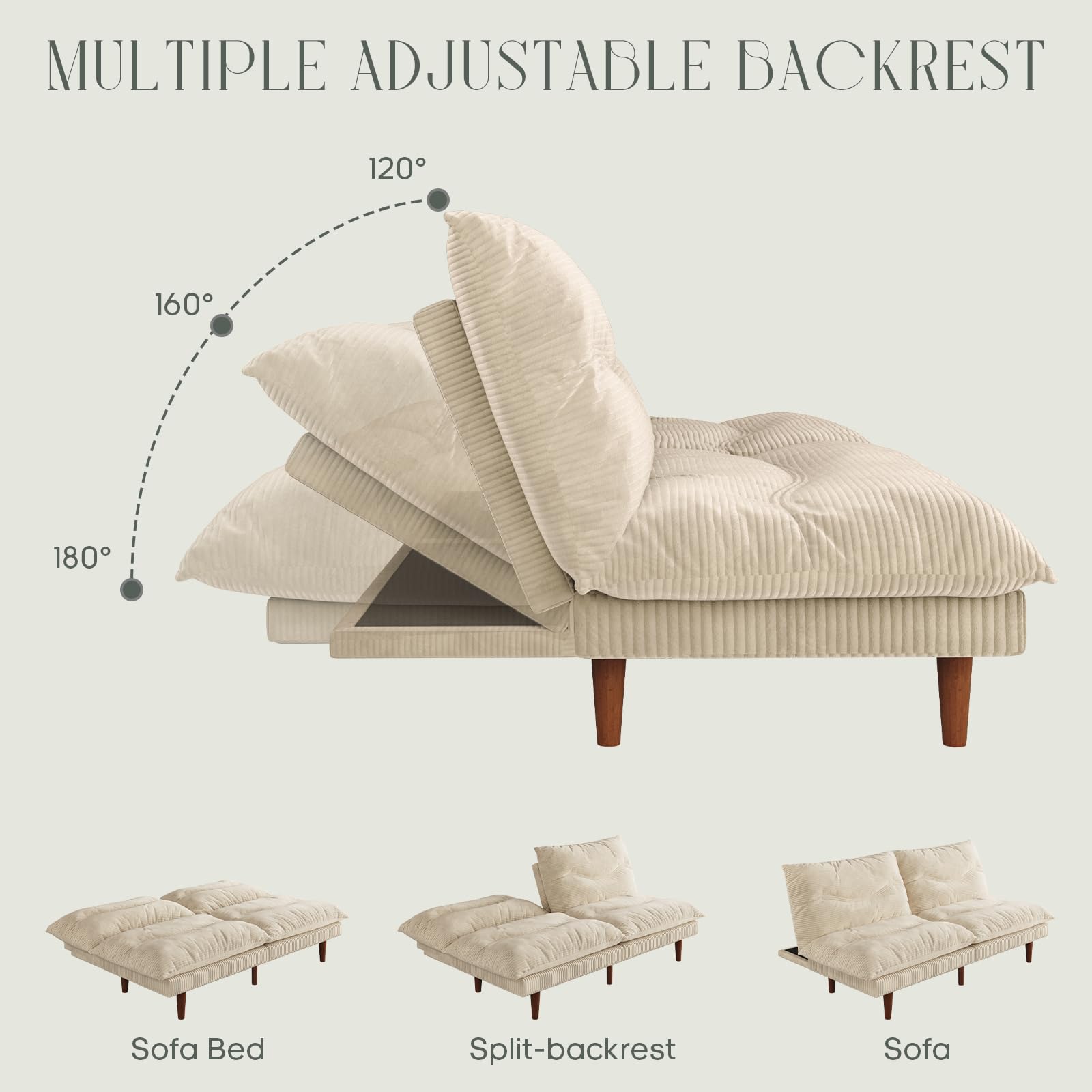 DreamDashio Futon Sofa Bed, 69'' Futon Couch with Adjustable Backrest, Folding Sleeper Recliner, Corduroy Convertible Sleeper Sofa Bed for Apartment, Living Room, Office, Beige