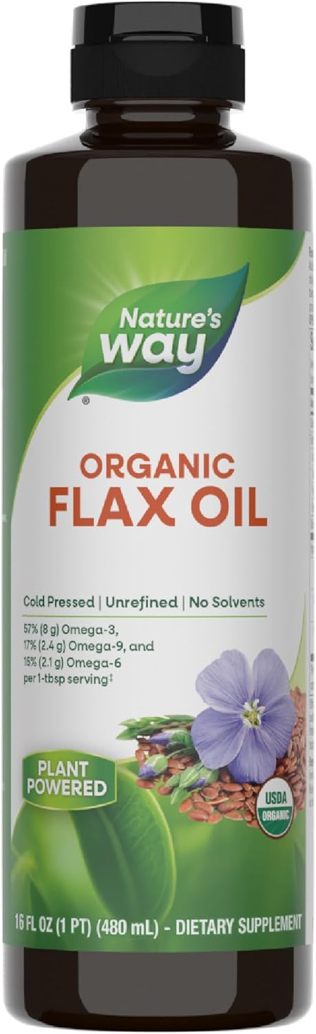 Nature's Way Organic Flax Oil, USDA Certified Organic, Omega-3, 6, 9, Cold Pressed, 16 Fl Oz (Packaging May Vary)