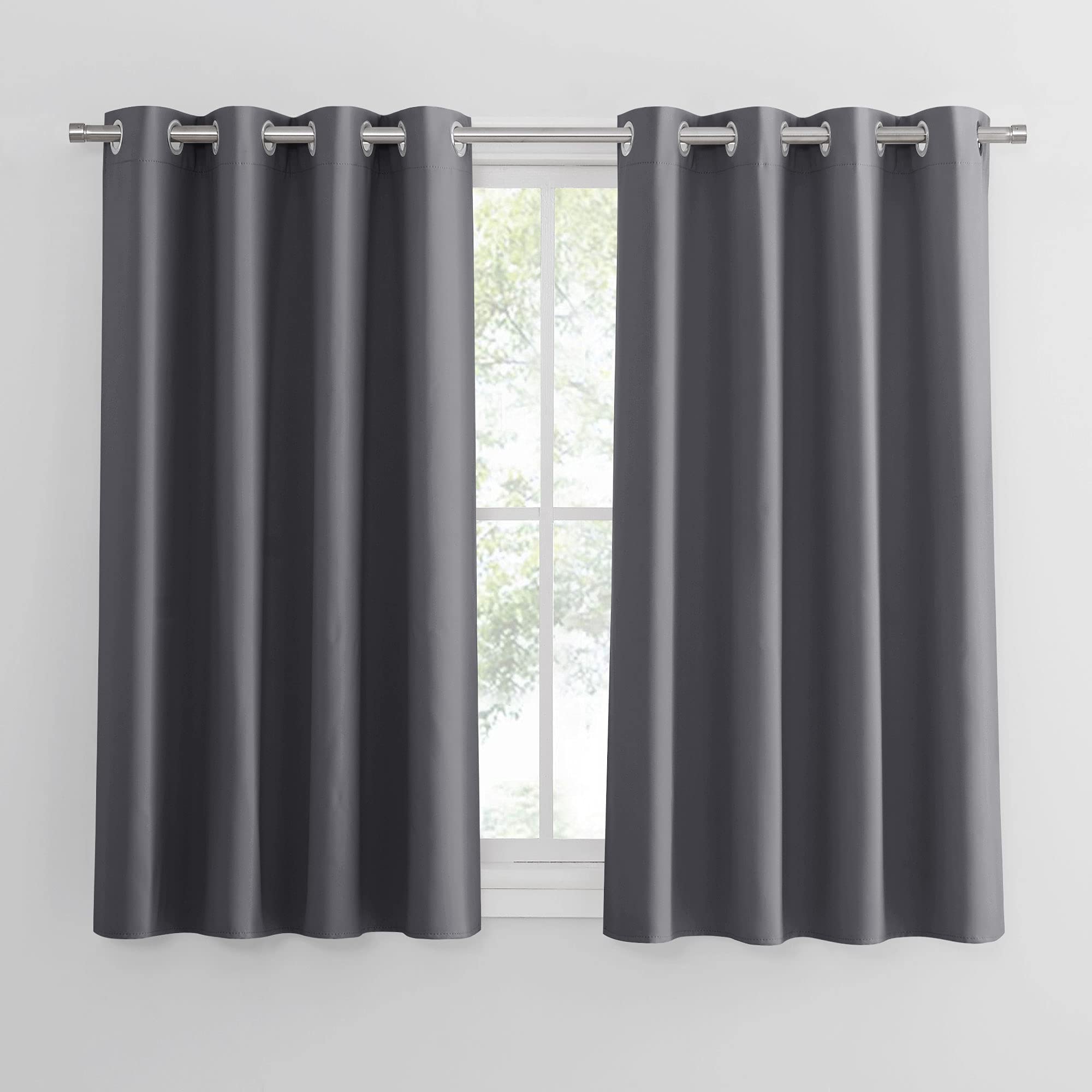 PONY DANCE Grey Blackout Thermal Insulated Curtains for Bedroom, 46 x 54 Inch Short Eyelet Curtains & Drapes, Soft Black Out 2 Panels for Window Living Room/Kitchen