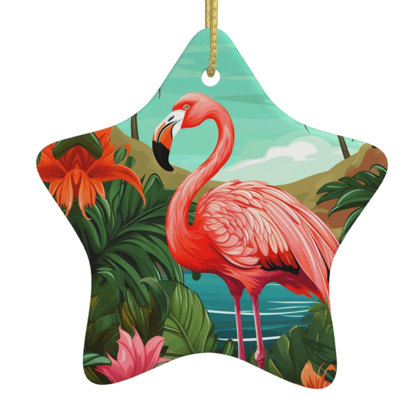 Ceramic Christmas Tree Hanging Ornaments with Gold Ropes Christmas Tree Decorations Star Ceramic Tropical Flamingo Pendant Keepsake Decorations for Holiday Xmas Gift Ideas