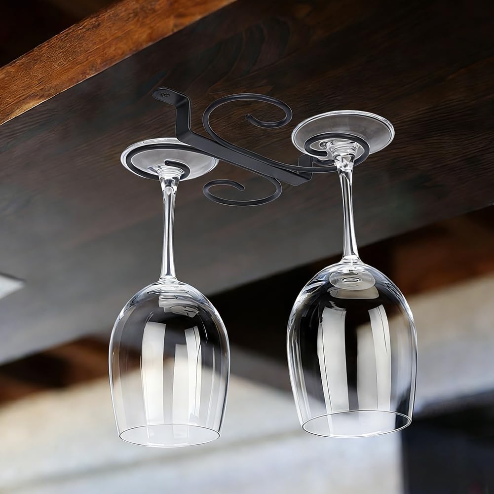 NBEADS 3 Sets 9-inch Under-Cabinet Wine Glass Holder, Black Metal Wine Glass Wall Holder Iron Stemware Rack Goblet Storage Hanger with 2 Screws for Kitchen Bar RV Stemware Stora, 6.77x6.38x1.02 Inch