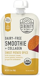Serenity Kids 6+ Months Dairy-Free Organic Baby Food Smoothie Pouch - BPA-Free & Grass-Fed Collagen Protein Smoothie - 3.5 Oz, 12 Pack