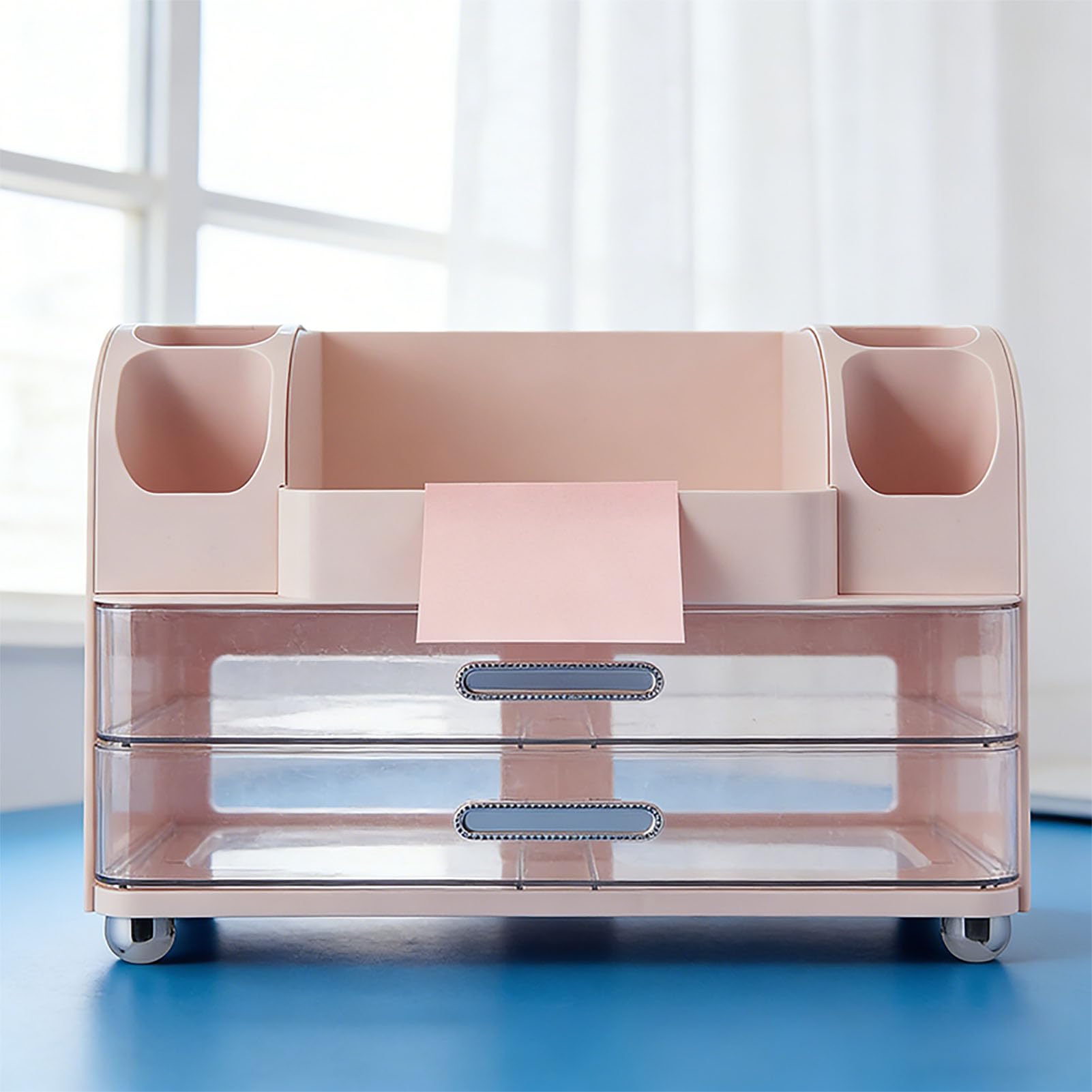 TOPINCN Organizador de Maquillaje, Gran Capacidad con 6 Compartimentos y 2 Cajones Vitrina Cosmética a Prueba de Agua para Pintalabios, Brochas de Maquillaje, Cuidado de la Piel (Rosada)