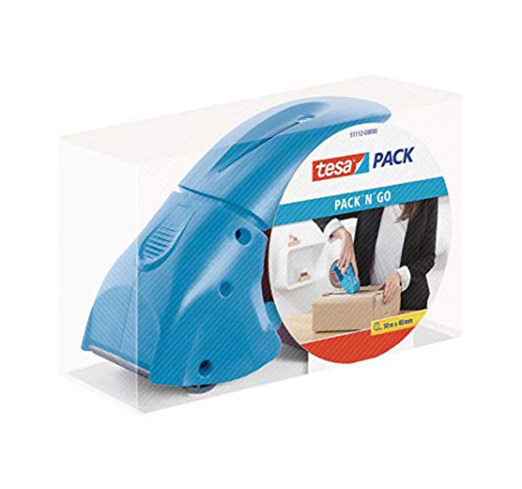 tesapack Abroller Pack' n' Go - Ergonomischer, blauer Handabroller für Paketbänder - Inklusive 50 m x 48 mm Klebeband (3 Abroller)