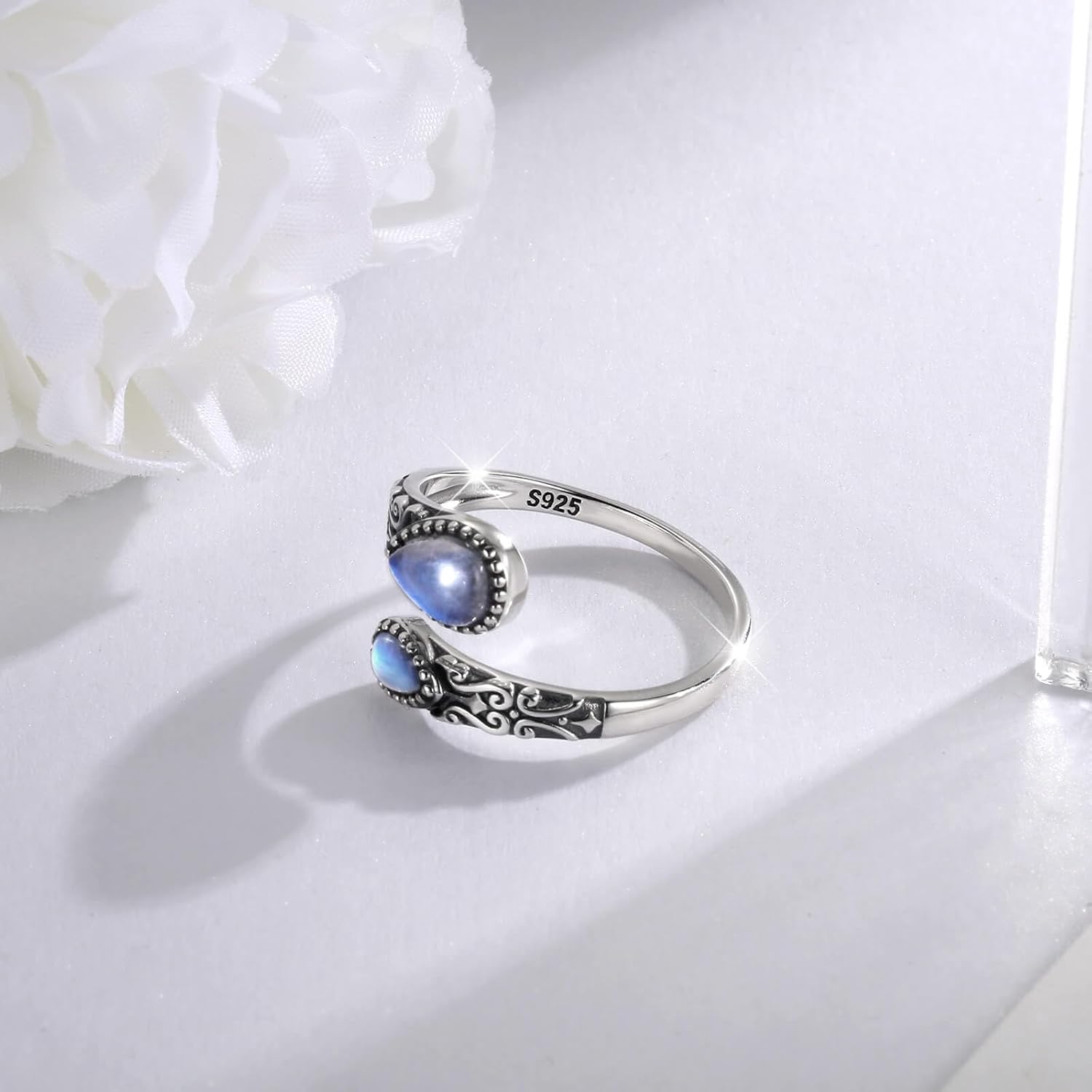 925 Sterling Silver Moonstone Ring Adjustable Filigree Vintage Jewelry Gifts for Women