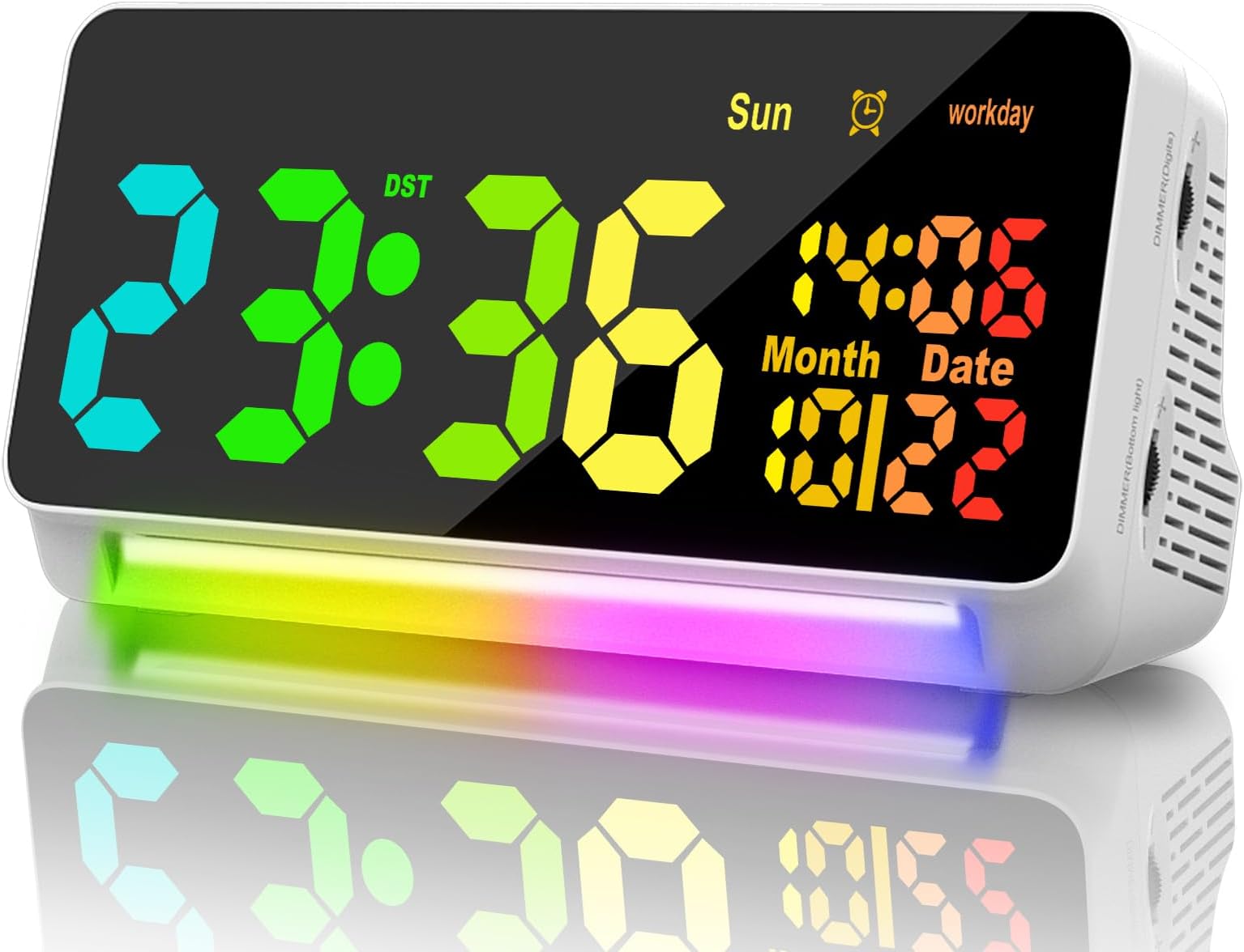 XREXS Large Digital Clock, RGB Colorful LED Digital Alarm Clock, Date Display, 15 Alarm Tones, Adjustable Brightness/Volume, Snooze, Workday Mode, Mains Powered, Alarm Clock for Kids