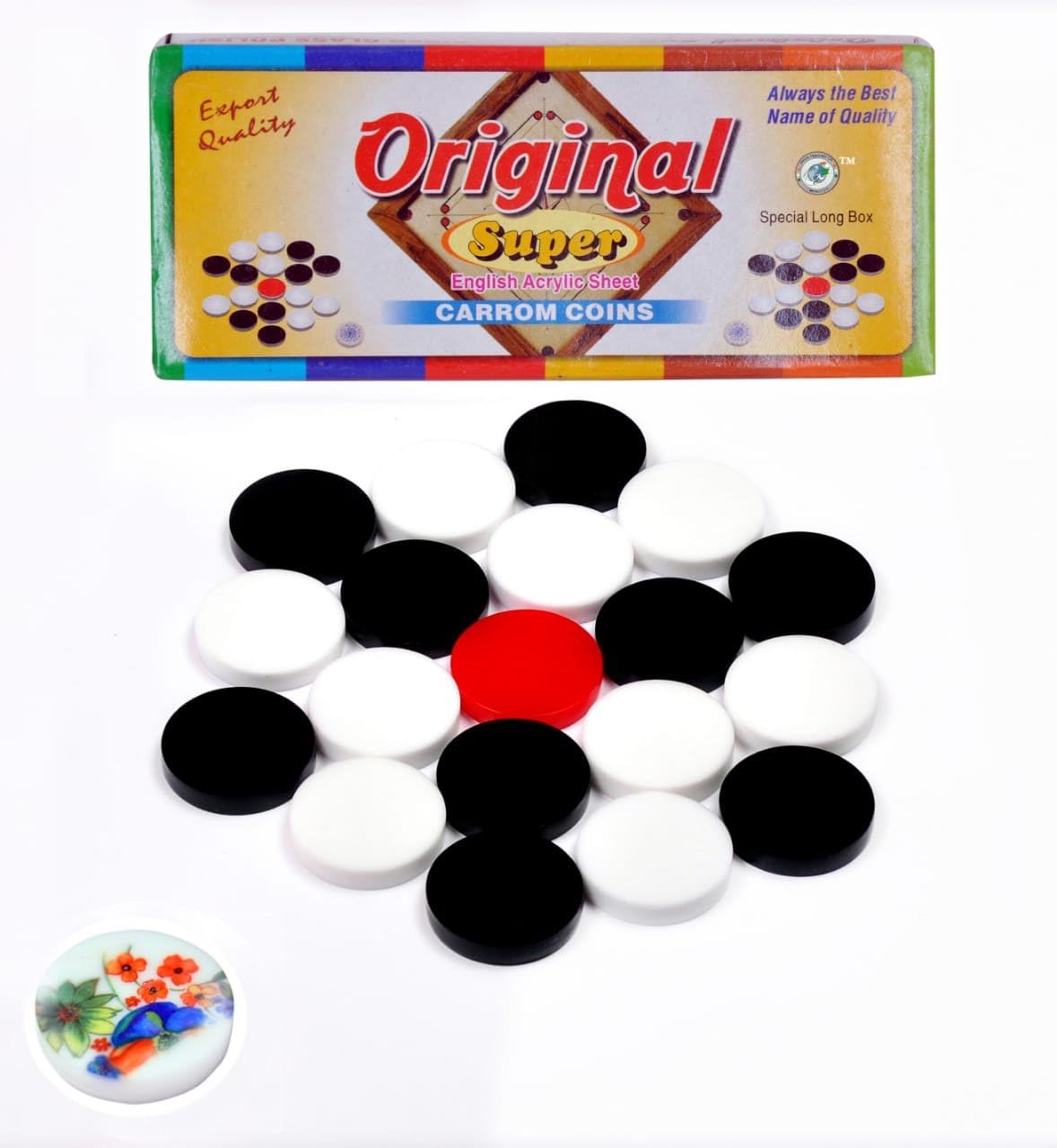Unknown Original Acrylic Carrom Coins With Free Printed Striker, 24 Coins, 1 Striker, Multi-color, 8+