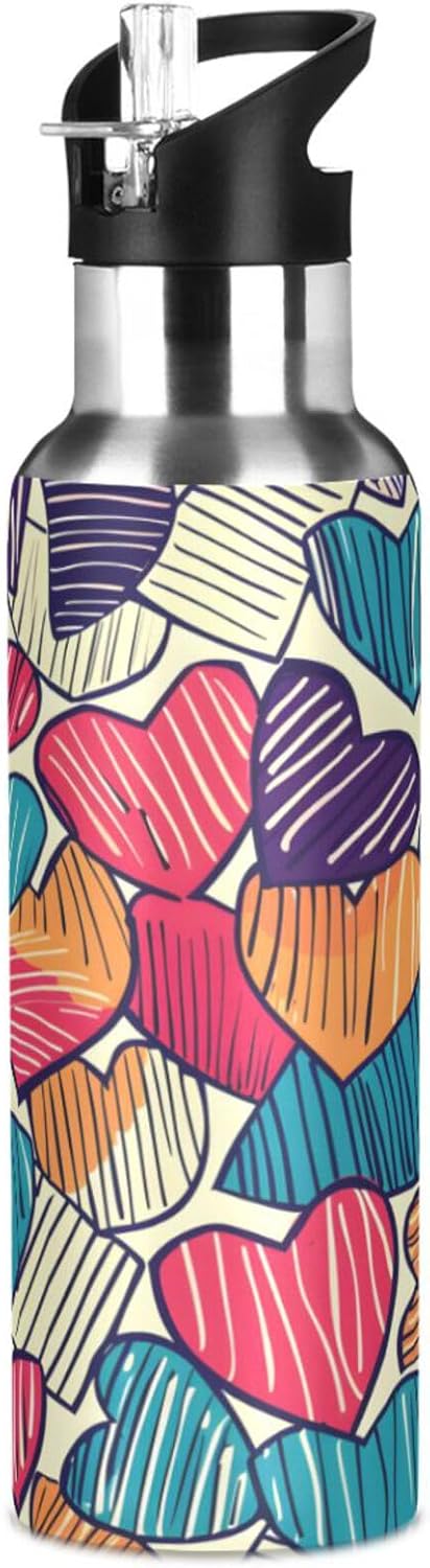 ALAZA Hand Drawn Color Hearts Water Bottle with Straw Lid Vacuum Insulated Stainless Steel Thermo Flask Water Bottle 32oz