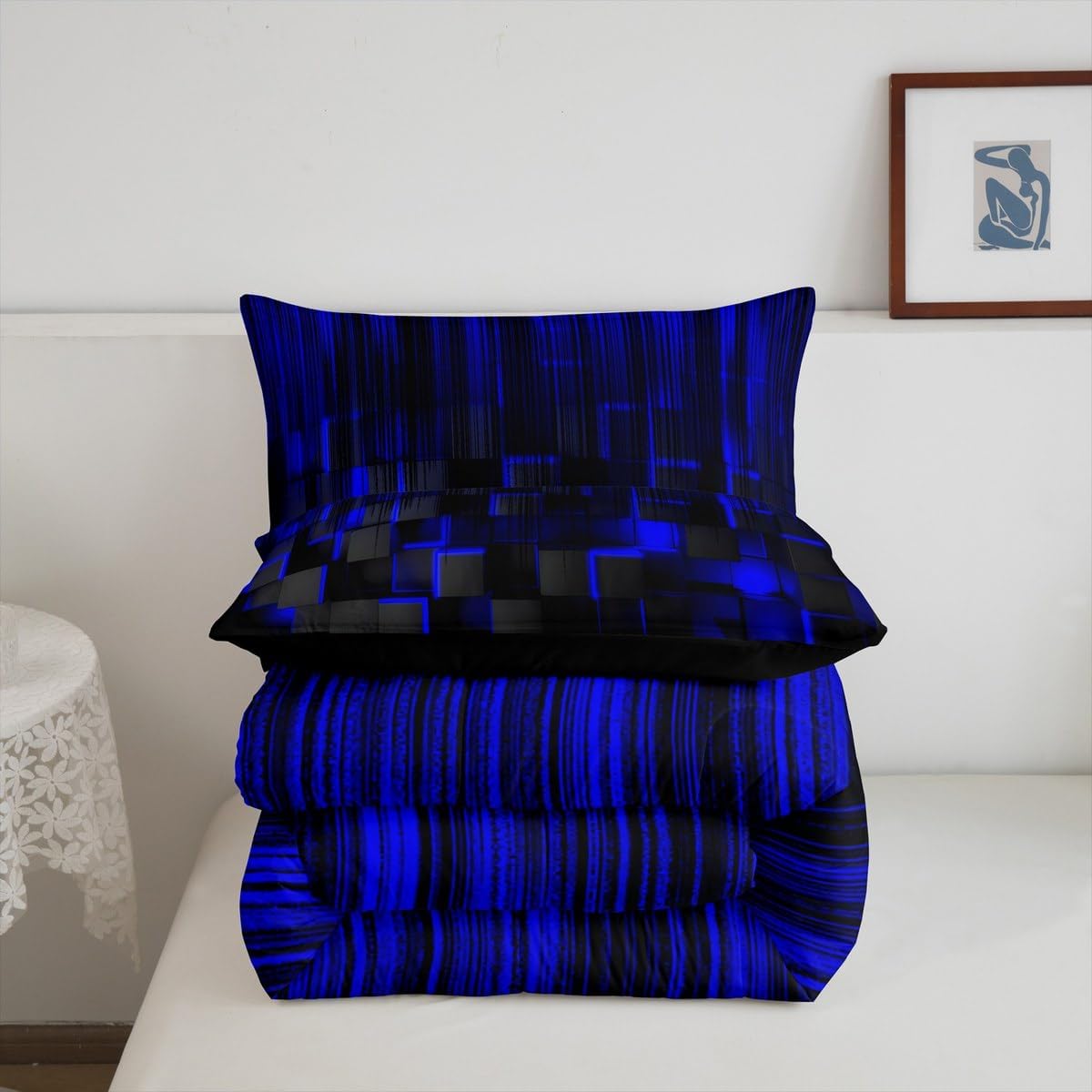 Feelyou Blue and Black Comforter Set Full Size Kids Comforter for Boys Teens Honeycomb Bedding Set Strip Lines Duvet Set Room Decor Quilt Set