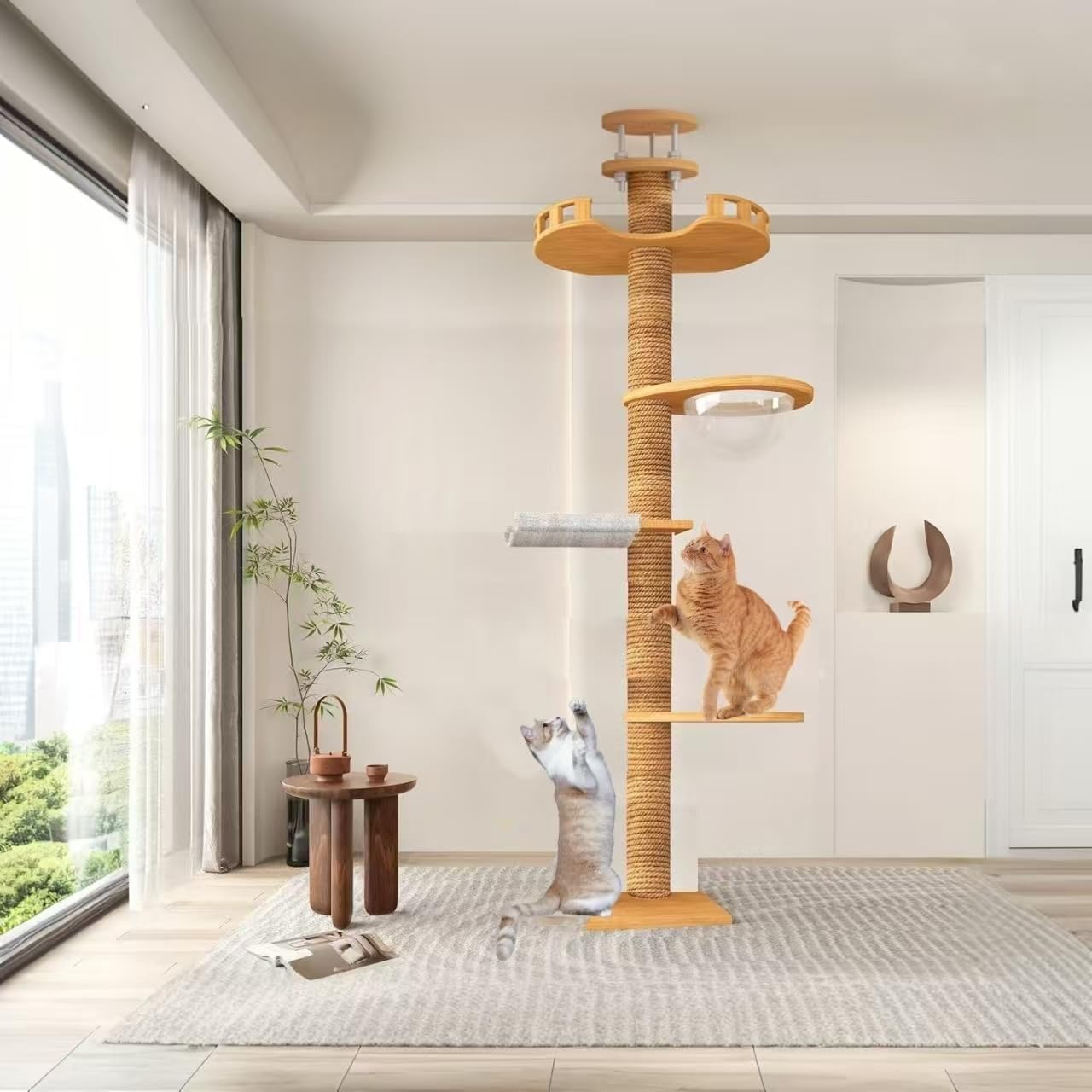 cat tree floor to ceiling, height adjustable cat tree,wood floor to ceiling cat tree(55'-114'),space capsule,cat jumping platform, sisal wood scratching