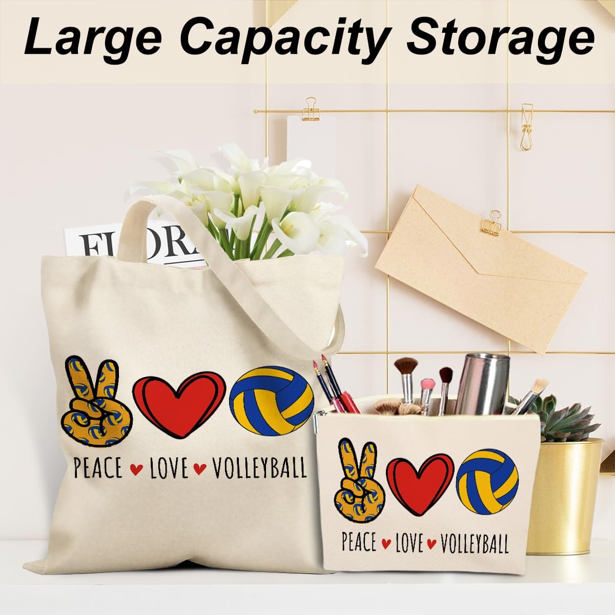 Volleyball Gifts, Volleyball Gifts for Teen Girls Team Sports Volleyballs Player Lover Coach Fans Birthday Christmas Appreciation 2PCS Cosmetic Bags Canvas Tote Bag Beach Bag with Pocket Makeup Bags image 3