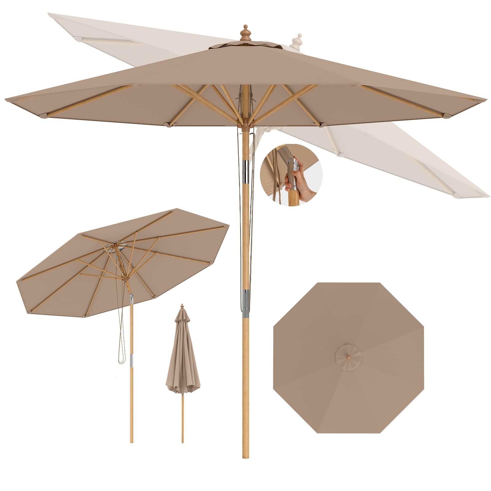 RELAX4LIFE Parasol Inclinable 270CM en Bambou, Parasol de Jardin Extérieur, 8 Baleines, Inclinaison 30°, Dessus Ventilée, Levage à Corde, 3 Positions, pour Jardin Terrasse Plage (Kaki)