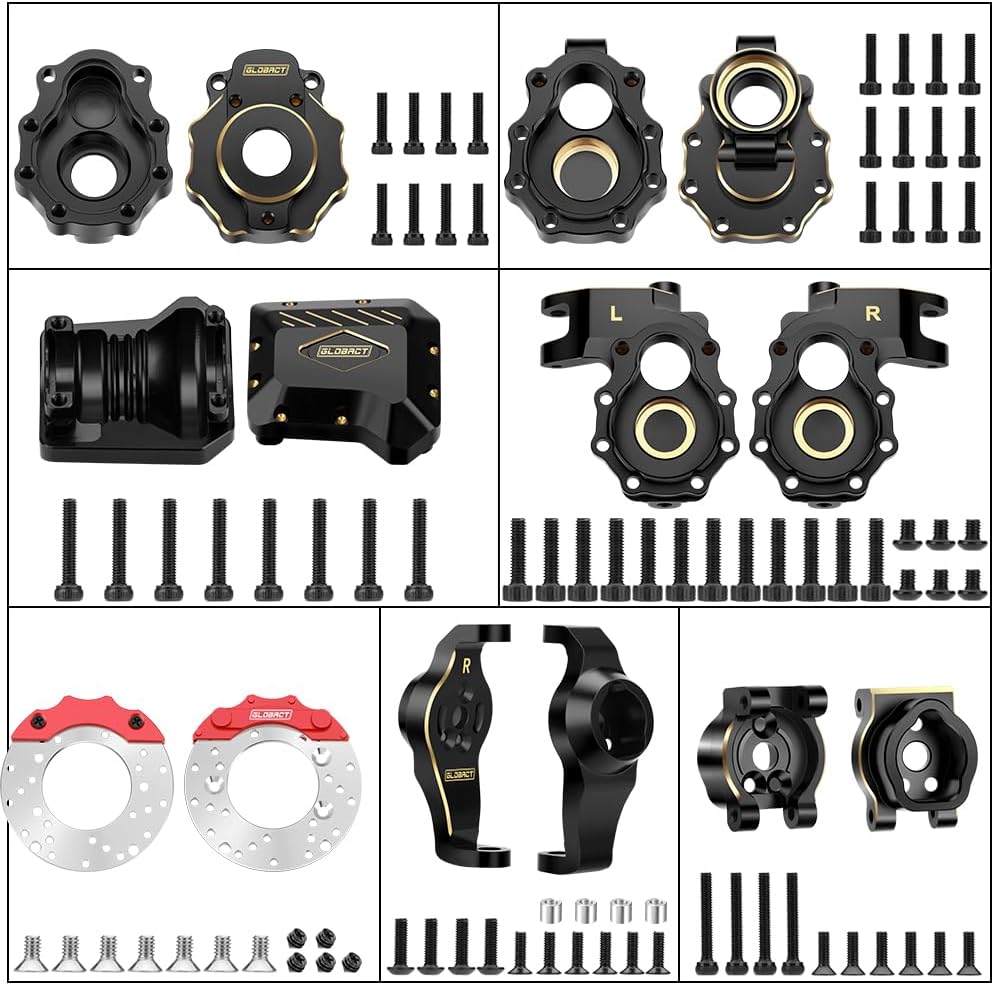 GLOBACT Brass Upgrades Kit for 1/10 TRX4 Front & Rear Portal Axle Inner & Outer Portal Housing Diff Cover Drive Axle Mounts with Brake Disc & Caliper RC Crawler Car Parts
