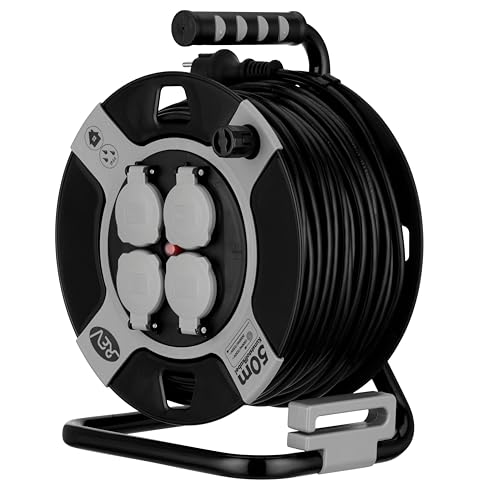 REV Kabeltrommel EX 50m Outdoor Verlängerungskabel außen IP44 Ideal für Garten und Camping 4-fach H05VV-F grau