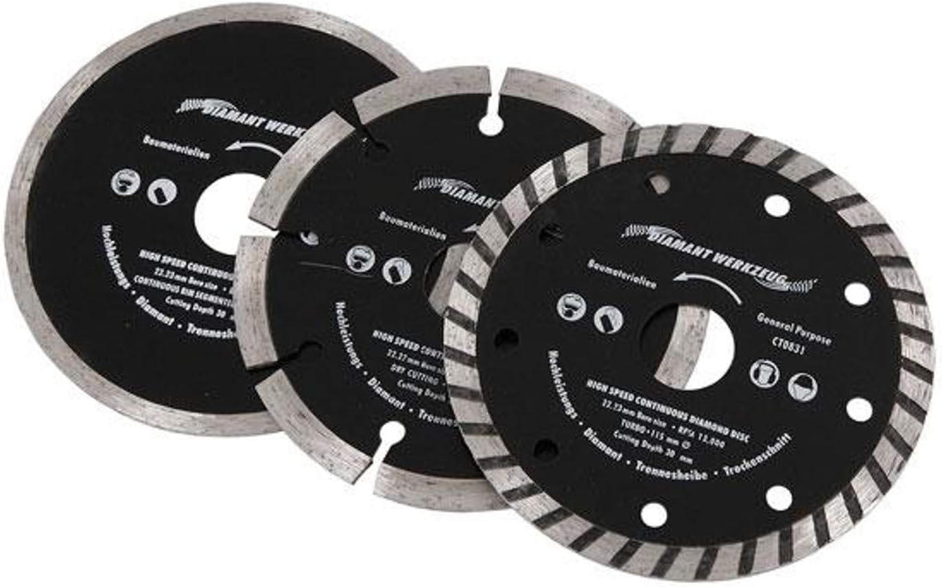 3pc Diamond Cutting Disc Blade Set 115mm Solid Segment Turbo Dry Wet
