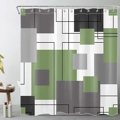 LB Cortina de ducha geométrica a rayas grises y blancas, cortinas de ducha abstractas de mediados de siglo verde salvia para baño, 72 x 72 pulgadas,