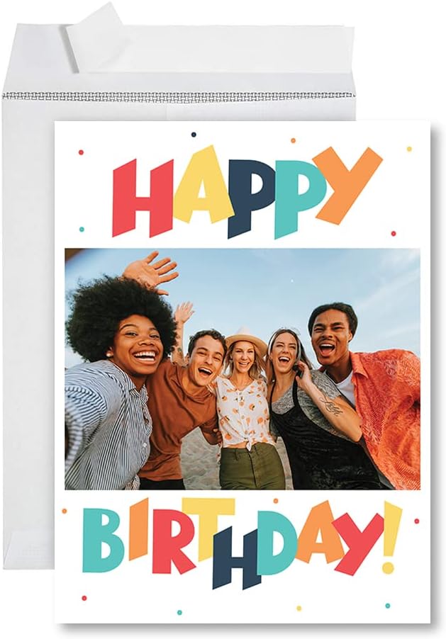 Andaz Press 8.5"x11" Personalized Photo Birthday Card with Envelope, Jumbo Happy Birthday Card for Her, Mom, Him, Birthday Keepsake Gift, Colorful Custom Photo Greeting Card, Birthday Gifts