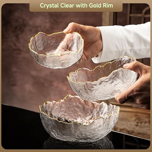 SYXLTSH Glass Salad Bowl, Fruit Bowl Flower Shape, Serving Bowls, Bowl Dish Plate for Decorative Home, Kitchen, Mixing, Candy, Nut, Snack, Dessert, Ice Cream (Crystal Clear with Gold Rim, Medium)