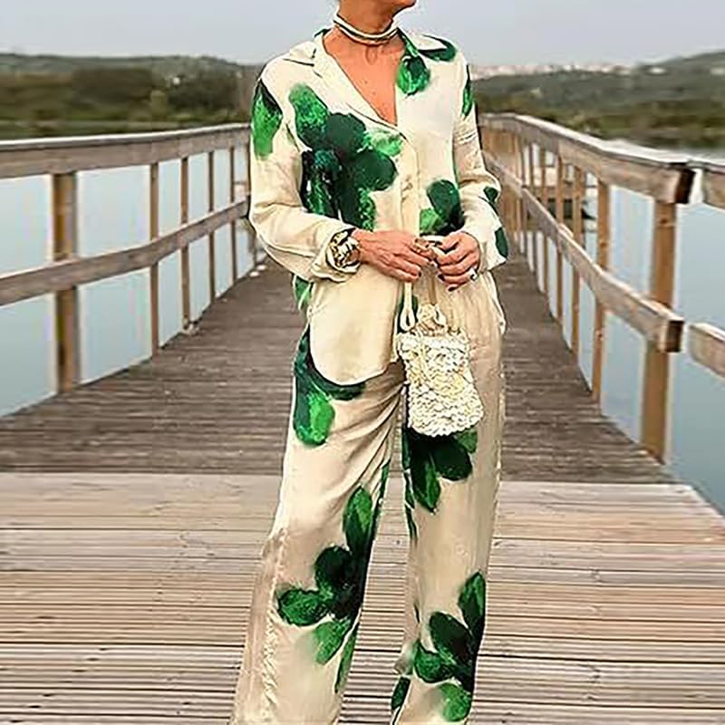 2024 Autumn New Women's Suit Temperament Casual Printed Shirt Long Sleeve Wide Leg Pants Fashion Suit