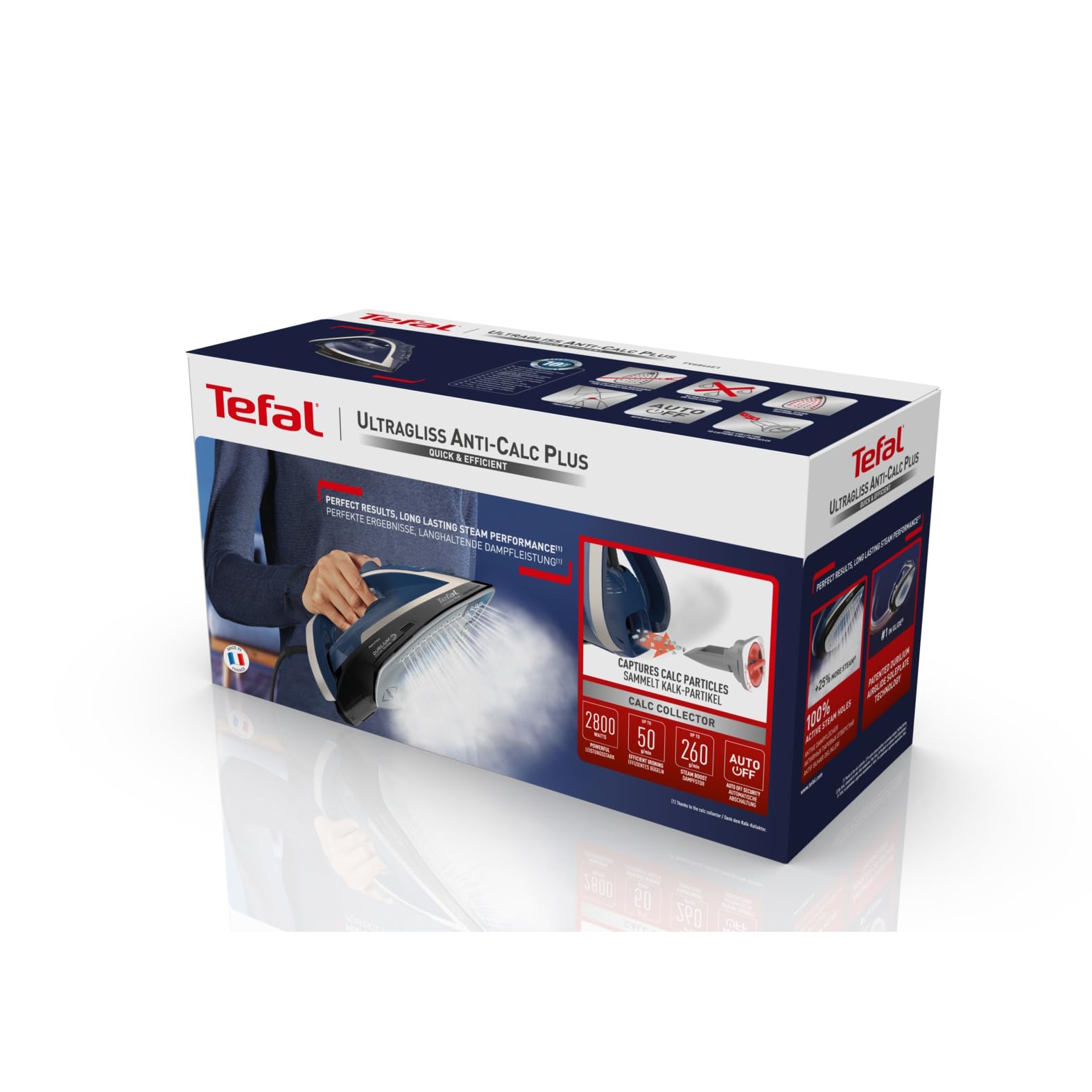 Tefal FV6846E1 Ultragliss Plus - Plancha de vapor antical, 2800 W, colector de cal extraíble, salida de vapor continua de 50 g/min, golpe de vapor de 260 g/min, apagado automático, azul/blanco