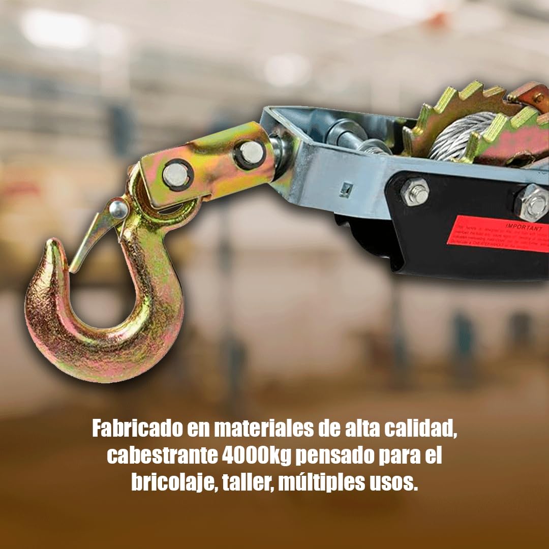 Cabestrante manual de 4 toneladas 4000 kg - 2,5 METROS de cable - Polipasto RZ TOOLS de palanca para mover cargas pesadas de hasta 4 TN Trinquete