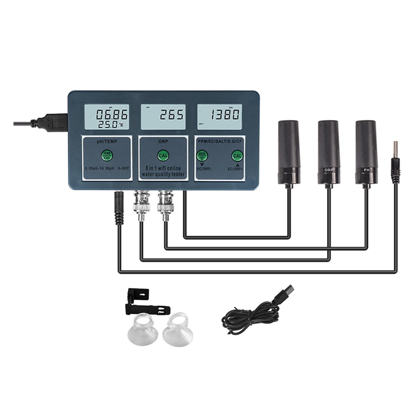 Tuya WiFi 7w1/8w1 Tester Jakości Wody PH/ORP/EC/PPM/CF/wilgotność/temperatura Analizator Wody Akwakultura Basen DokłAdny Pomiar(8 in 1)