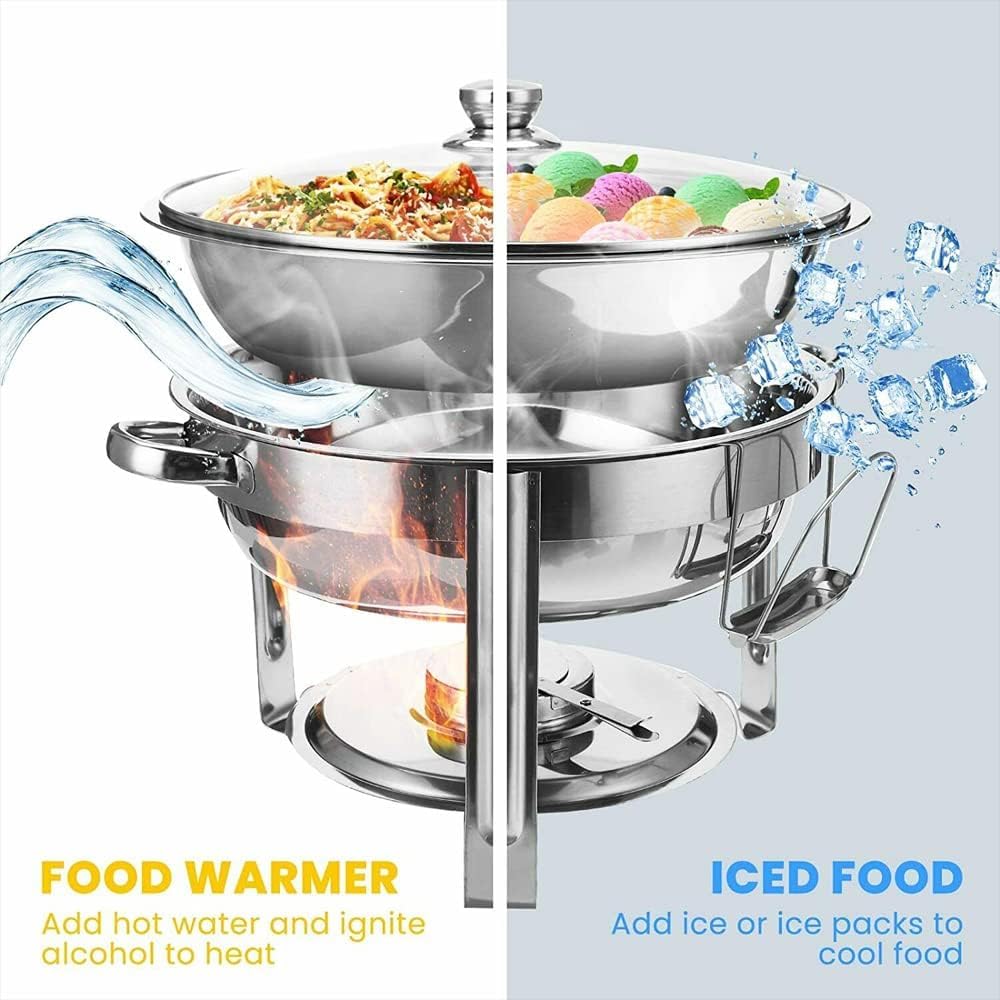 Lid 4.5 Litre Cibo Scaldabagno Catering, Acciaio Inossidabile Rotondo Buffet Chafing Piatto Vetro, Chafing Dish Catering Buffet Warmer Set, per feste, buffer e scaldavivande con coperchio set